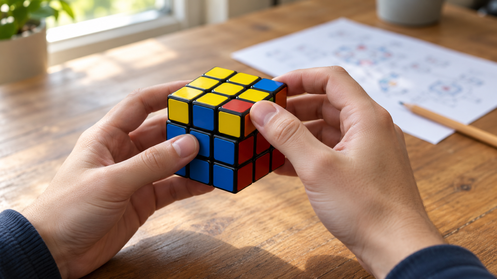 Two hands holding a Rubik’s cube mid-solve above a desk, the bottom two layers solved and the yellow top partly done