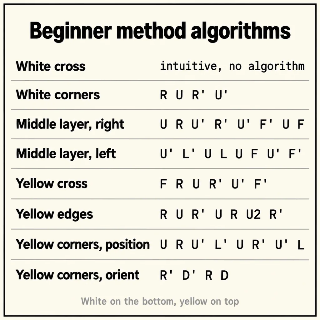 Cheat sheet card with the seven beginner method algorithms: white cross, intuitive; white corners, R U R' U'; middle layer right, U R U' R' U' F' U F; middle layer left, U' L' U L U F U' F'; yellow cross, F R U R' U' F'; yellow edges, R U R' U R U2 R'; yellow corners position, U R U' L' U R' U' L; yellow corners orient, R' D' R D