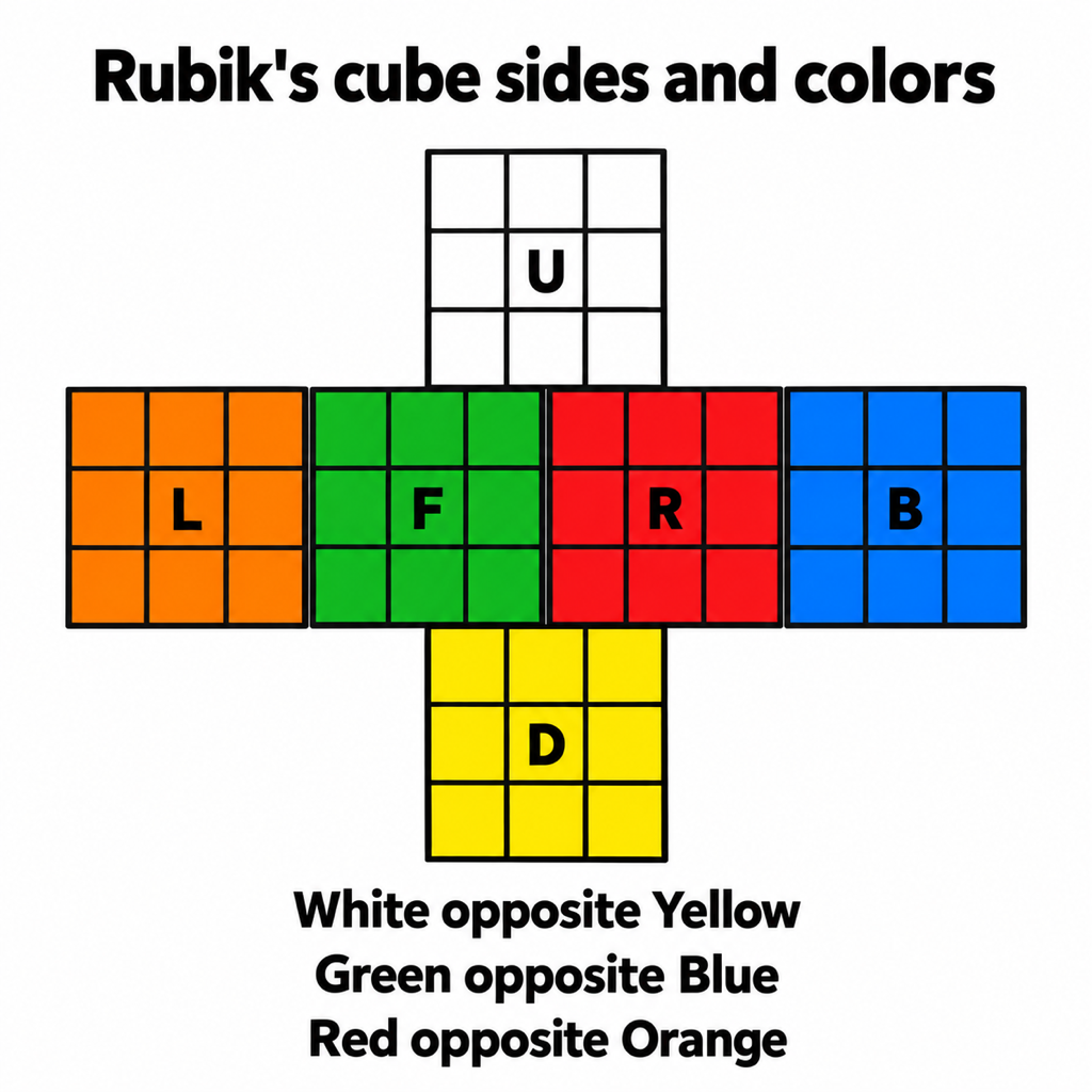 An unfolded Rubik’s cube net headed Rubik’s cube sides and colors: white U on top, orange L, green F, red R and blue B across the middle, yellow D at the bottom, with the lines white opposite yellow, green opposite blue, red opposite orange