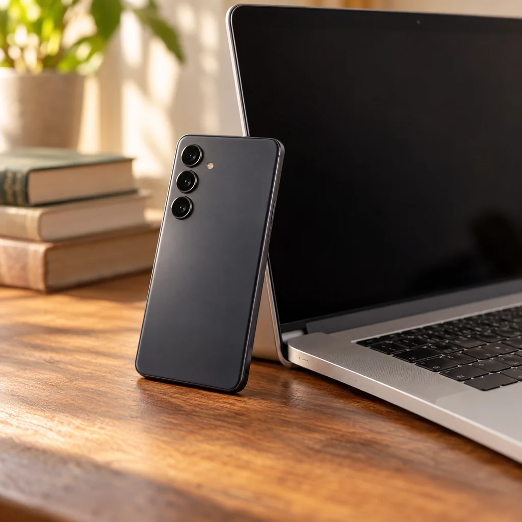 A Samsung-style Android phone propped against the edge of an open MacBook on a wooden desk in soft morning light