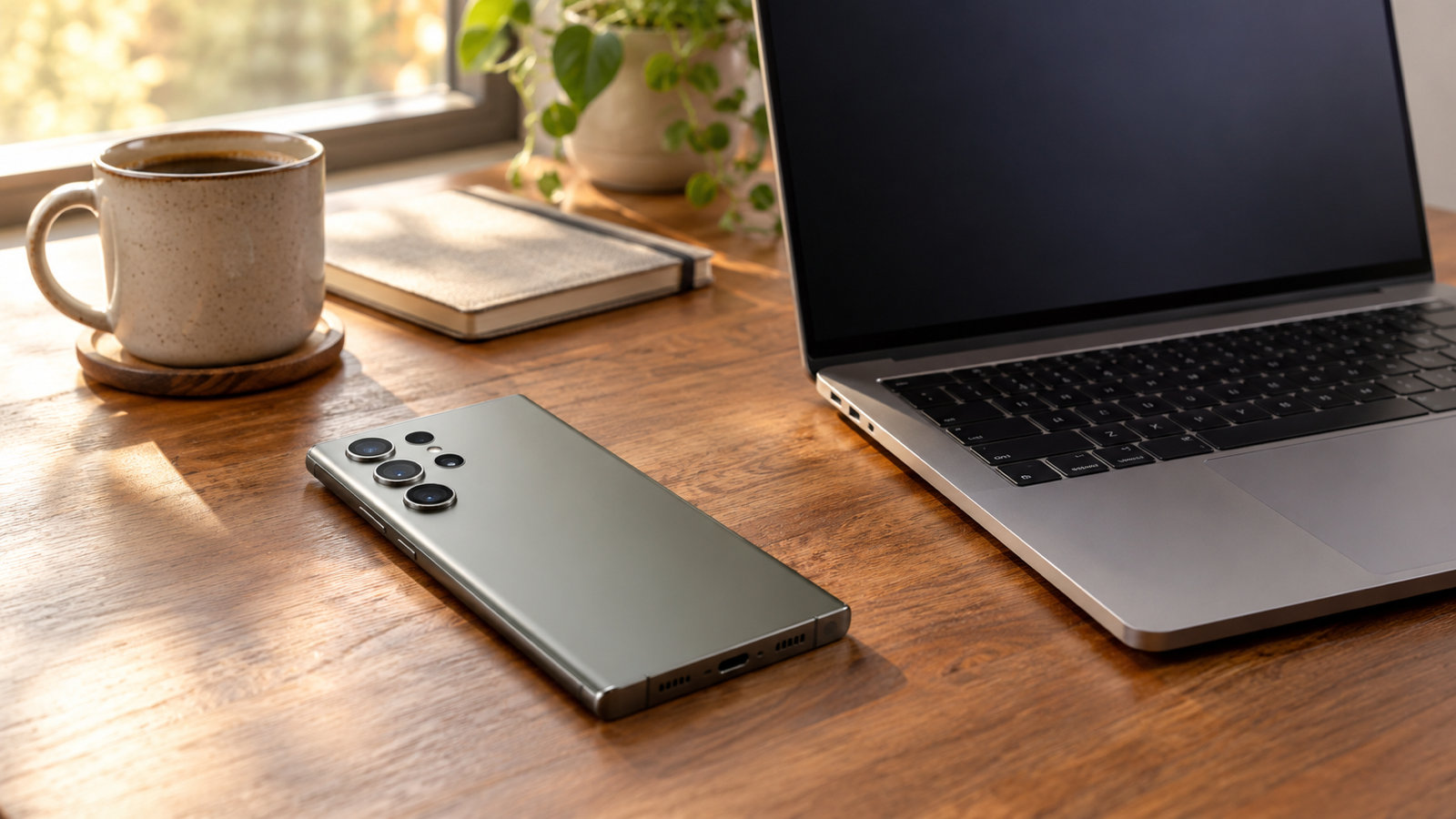A Samsung Galaxy phone lying next to an open MacBook on a wooden desk by a window, a coffee cup and a notebook beside them