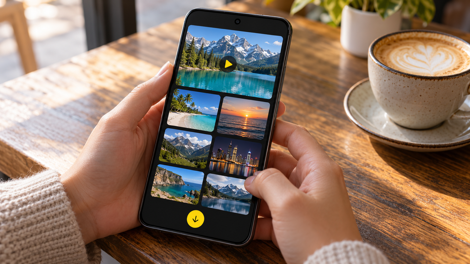 Two hands holding an Android phone over a cafe table, the screen showing a gallery grid of travel video thumbnails