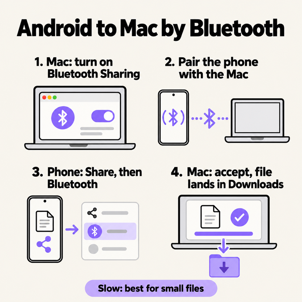 Four-step card: on the Mac turn on Bluetooth Sharing, pair the phone with the Mac, on the phone tap Share then Bluetooth, accept on the Mac and the file lands in Downloads; footer says Bluetooth is slow and best for small files