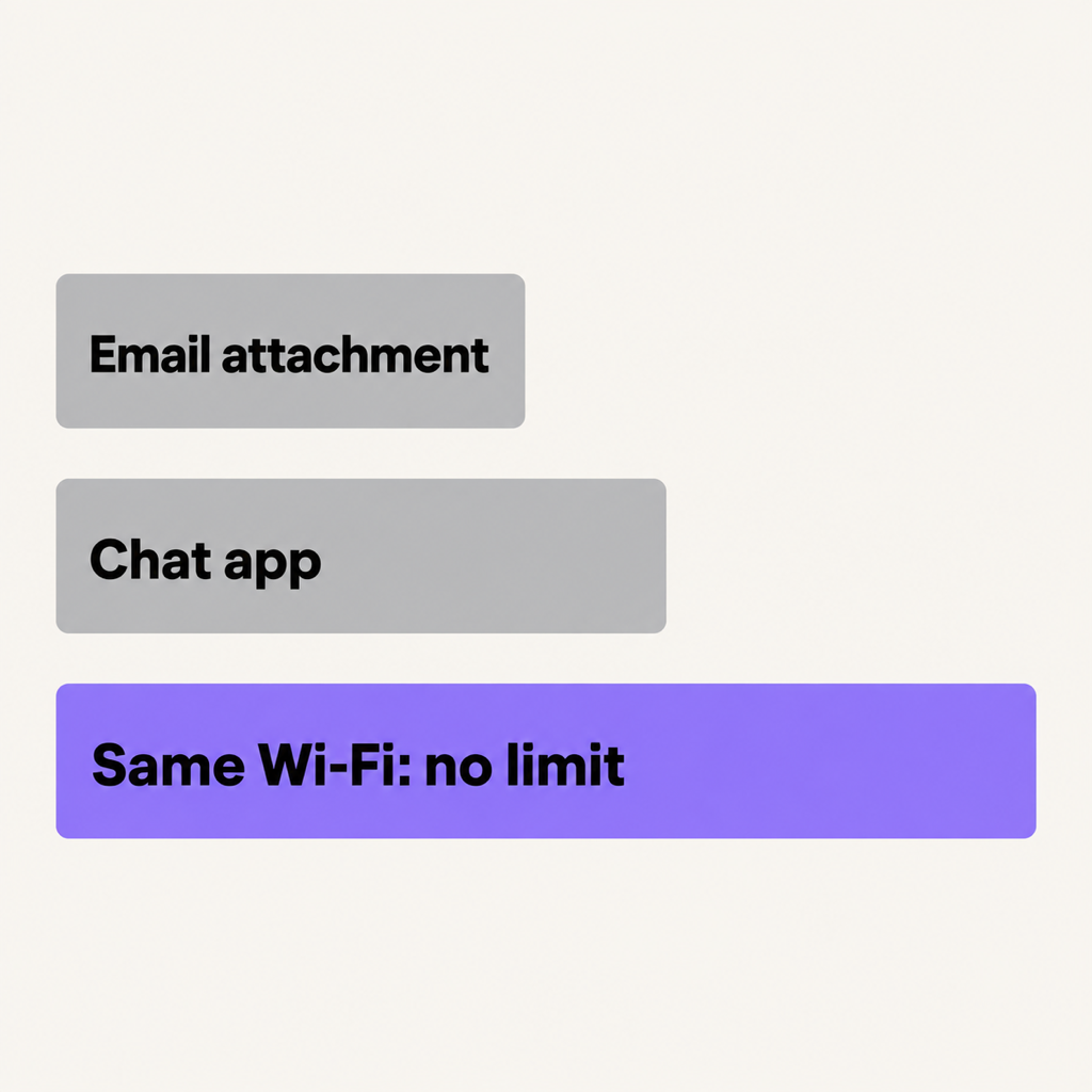 A bar chart with three bars: a short one for email attachments, a medium one for chat apps, and a full-width one labelled same Wi-Fi, no limit