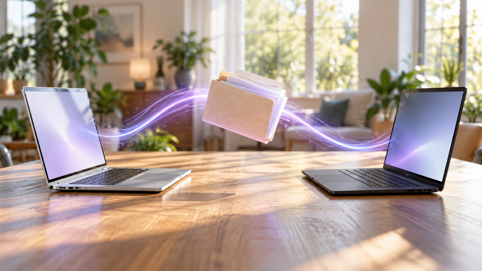 A MacBook and a Windows laptop facing each other on a shared wooden table, a folder of documents floating between them on a lavender trail of light