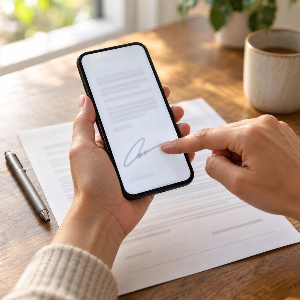 Close-up of a hand signing on a phone screen with a fingertip, the phone held above a paper contract on a wooden desk in soft daylight