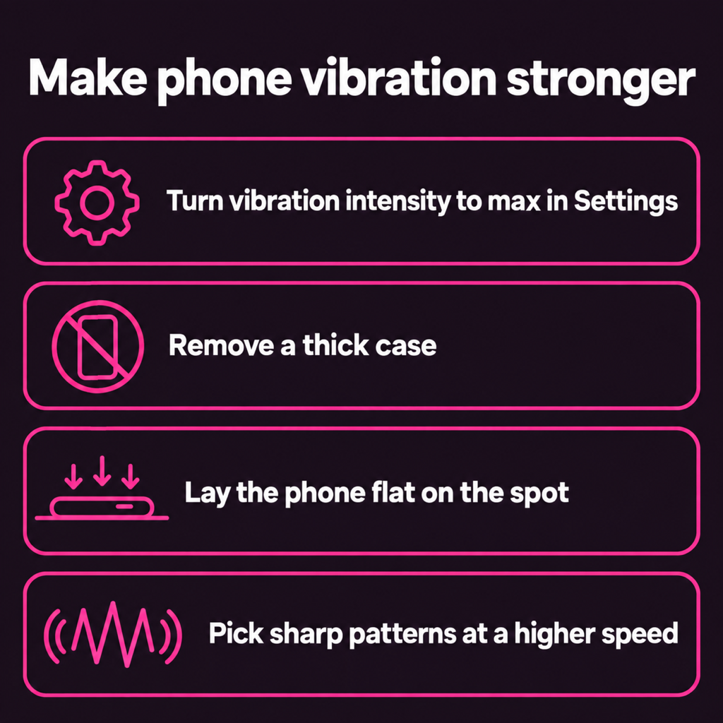 Card listing four ways to make phone vibration stronger: turn vibration intensity to max in settings, remove a thick case, lay the phone flat on the spot, pick sharp patterns at a higher speed