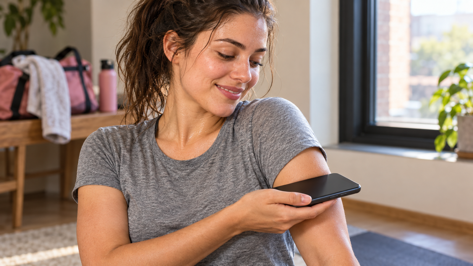 A young woman after a workout resting an Android phone on her upper arm, a gym bag blurred behind her