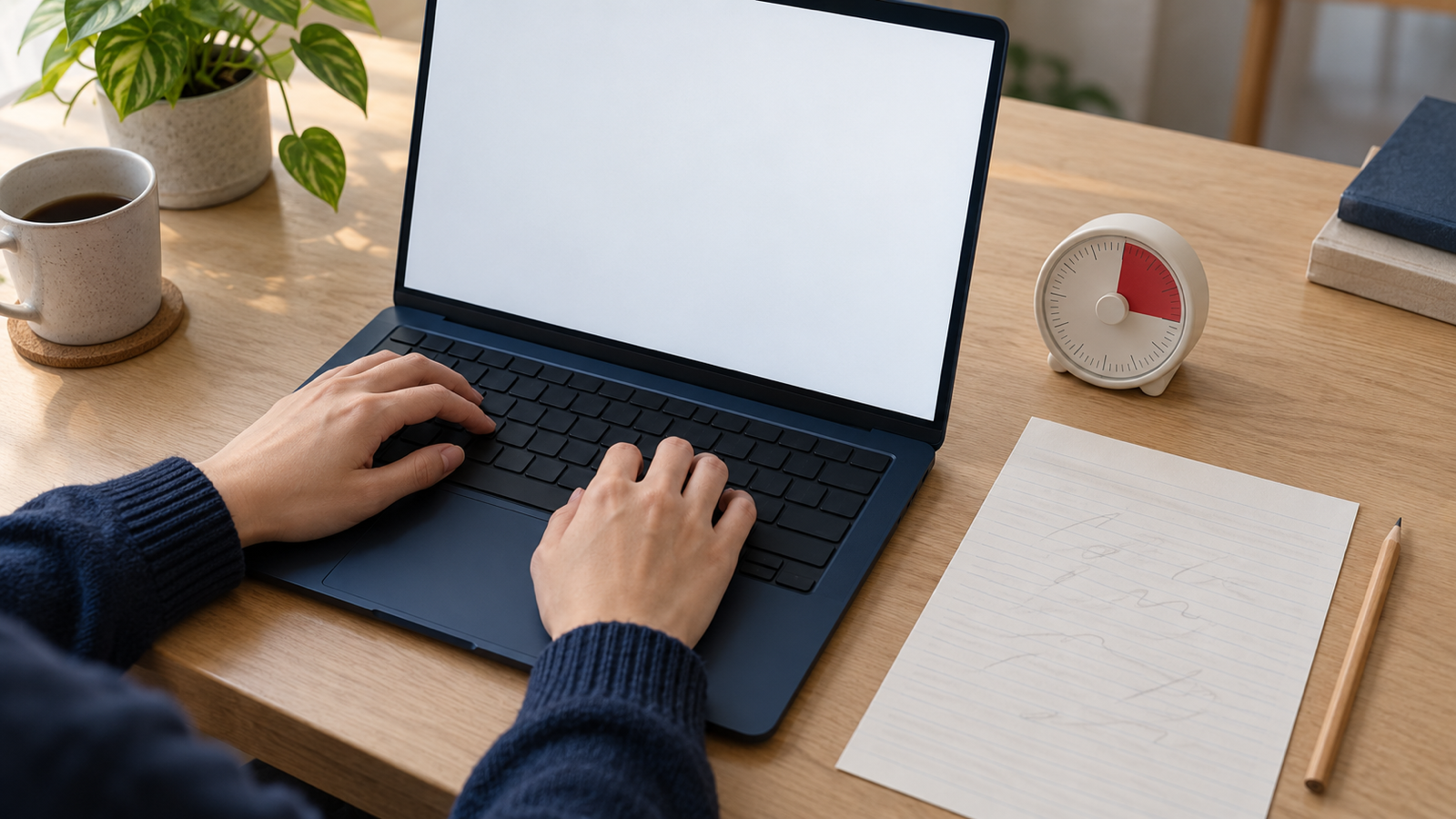Hands resting on a laptop keyboard at an exam-style desk with lined paper, a pencil and a small red timer