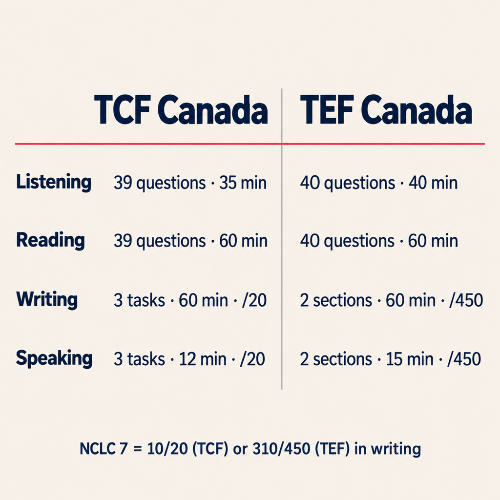 Comparison card: TCF Canada listening 39 questions in 35 minutes, reading 39 in 60, writing 3 tasks in 60 minutes marked out of 20, speaking 3 tasks in 12 minutes; TEF Canada listening 40 questions in 40 minutes, reading 40 in 60, writing 2 sections in 60 minutes scored out of 450, speaking 2 sections in 15 minutes