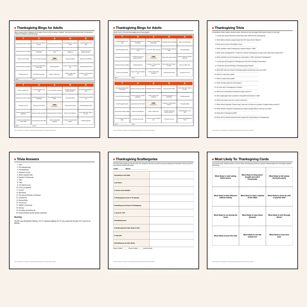 The six pages of the free Thanksgiving games PDF laid out on one sheet: two pages of adult Thanksgiving bingo cards with squares like Someone brings up politics and The gravy runs out, a 20-question trivia page, the answer page, a Scattergories sheet and a page of Most Likely To cards