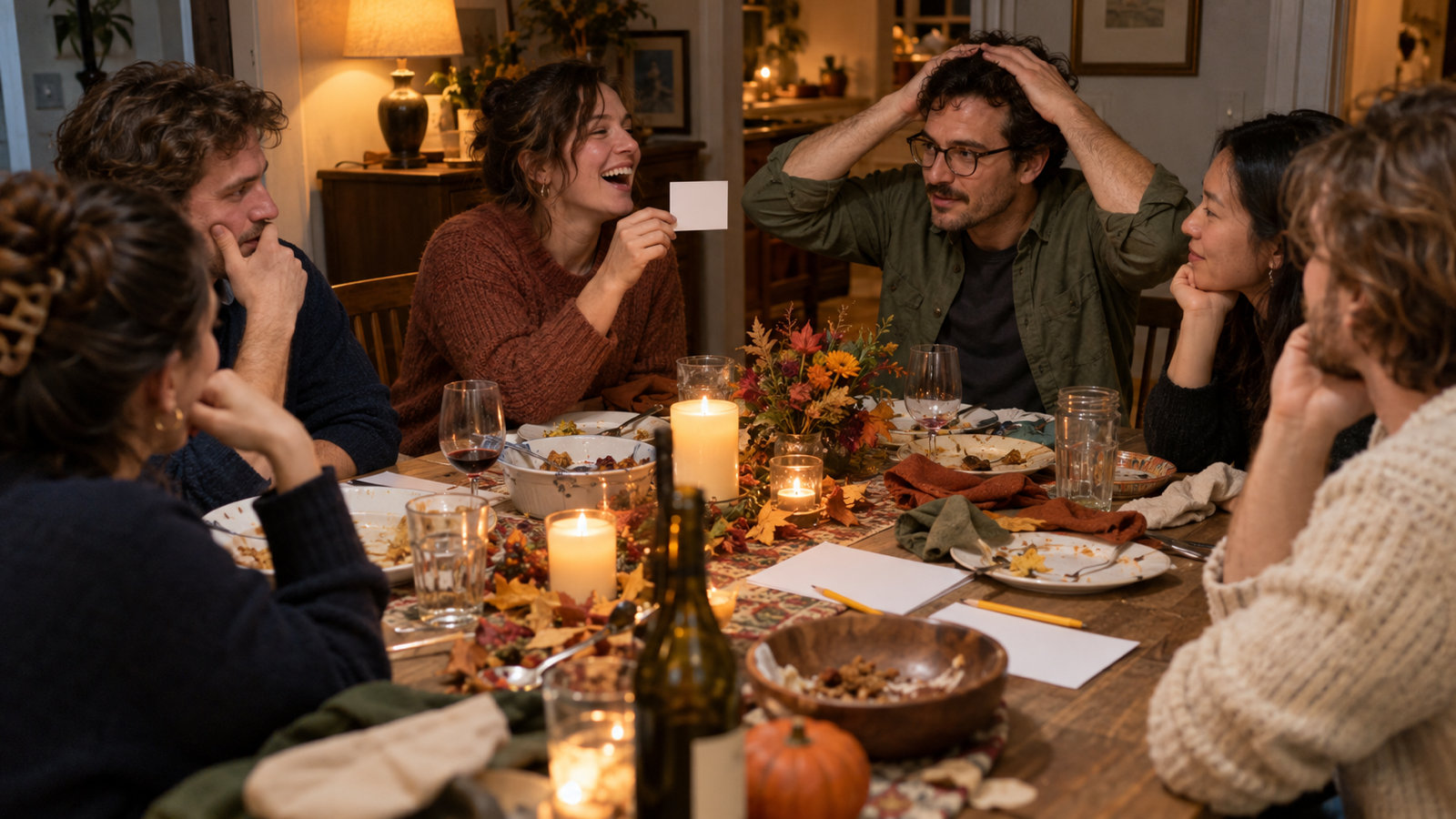Friends around a Thanksgiving table after dinner, one woman laughing as she holds up a paper card while a man clutches his head trying to guess, candles and autumn leaves between the plates