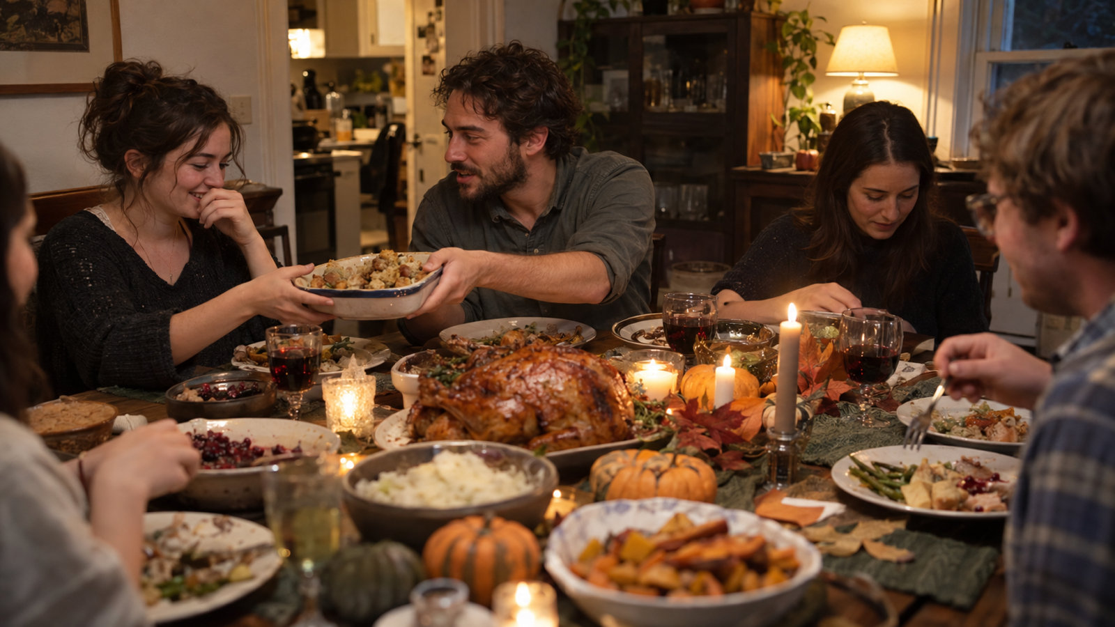Friends at a candlelit Thanksgiving table, a man leaning toward a laughing woman as he passes a dish of stuffing beside a roast turkey and small pumpkins