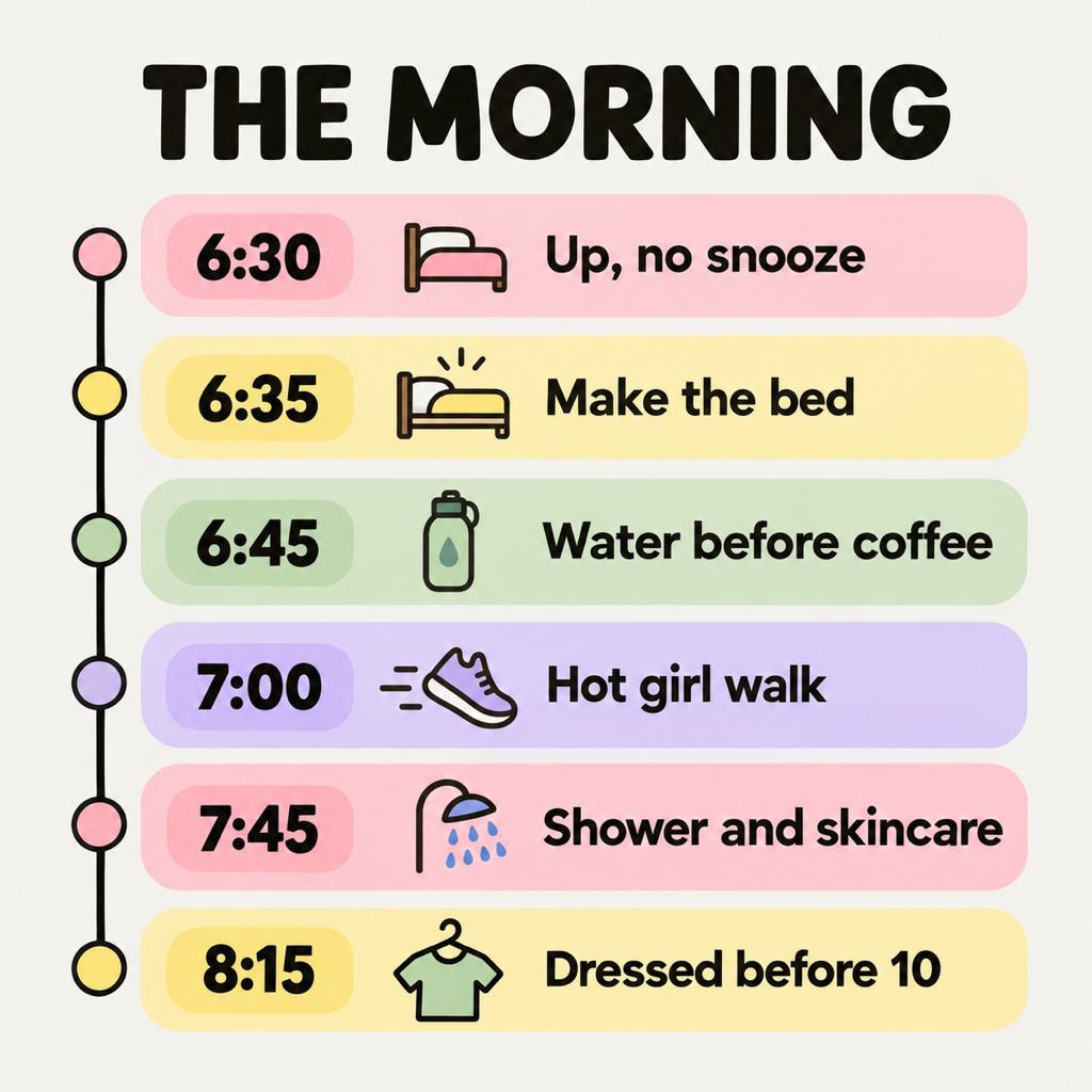 A morning timeline card: 6:30 up no snooze, 6:35 make the bed, 6:45 water before coffee, 7:00 hot girl walk, 7:45 shower and skincare, 8:15 dressed before 10