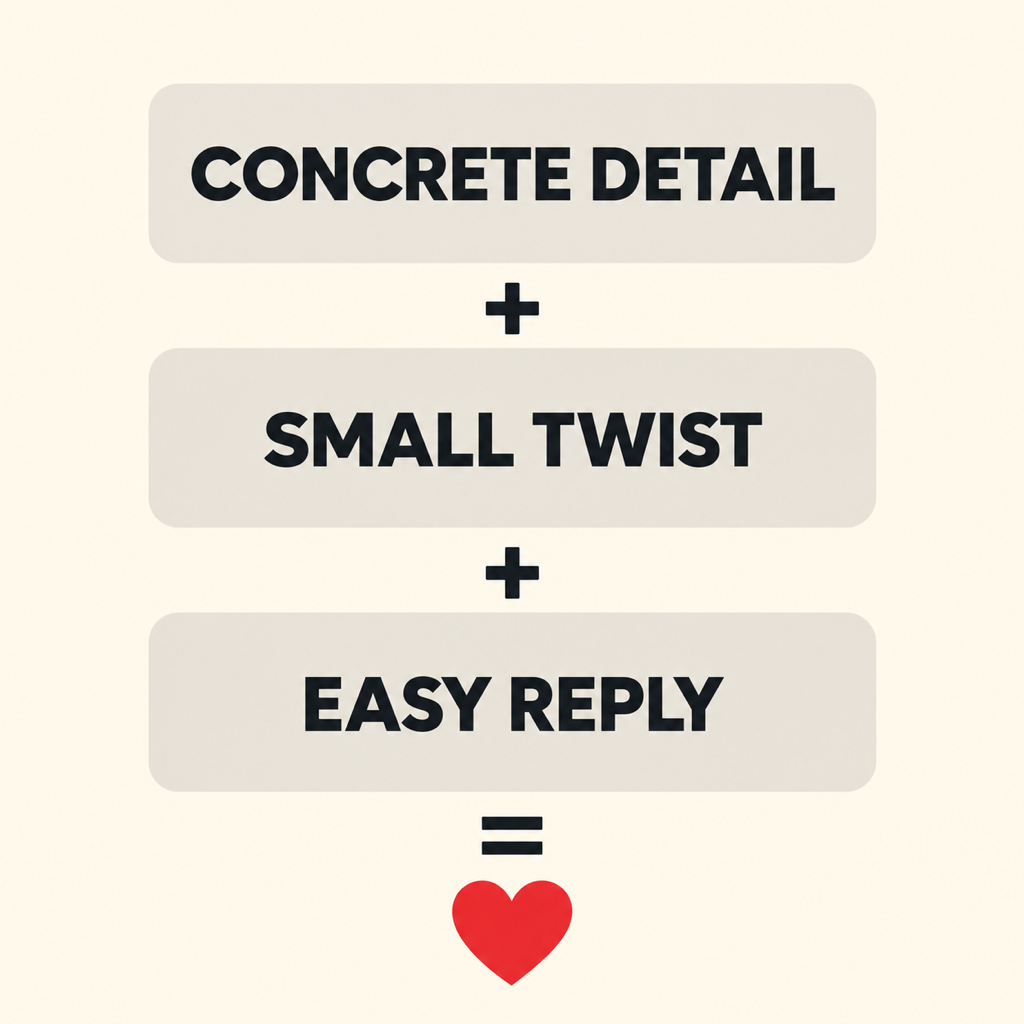 Graphic showing the Tinder bio formula: concrete detail plus small twist plus easy reply