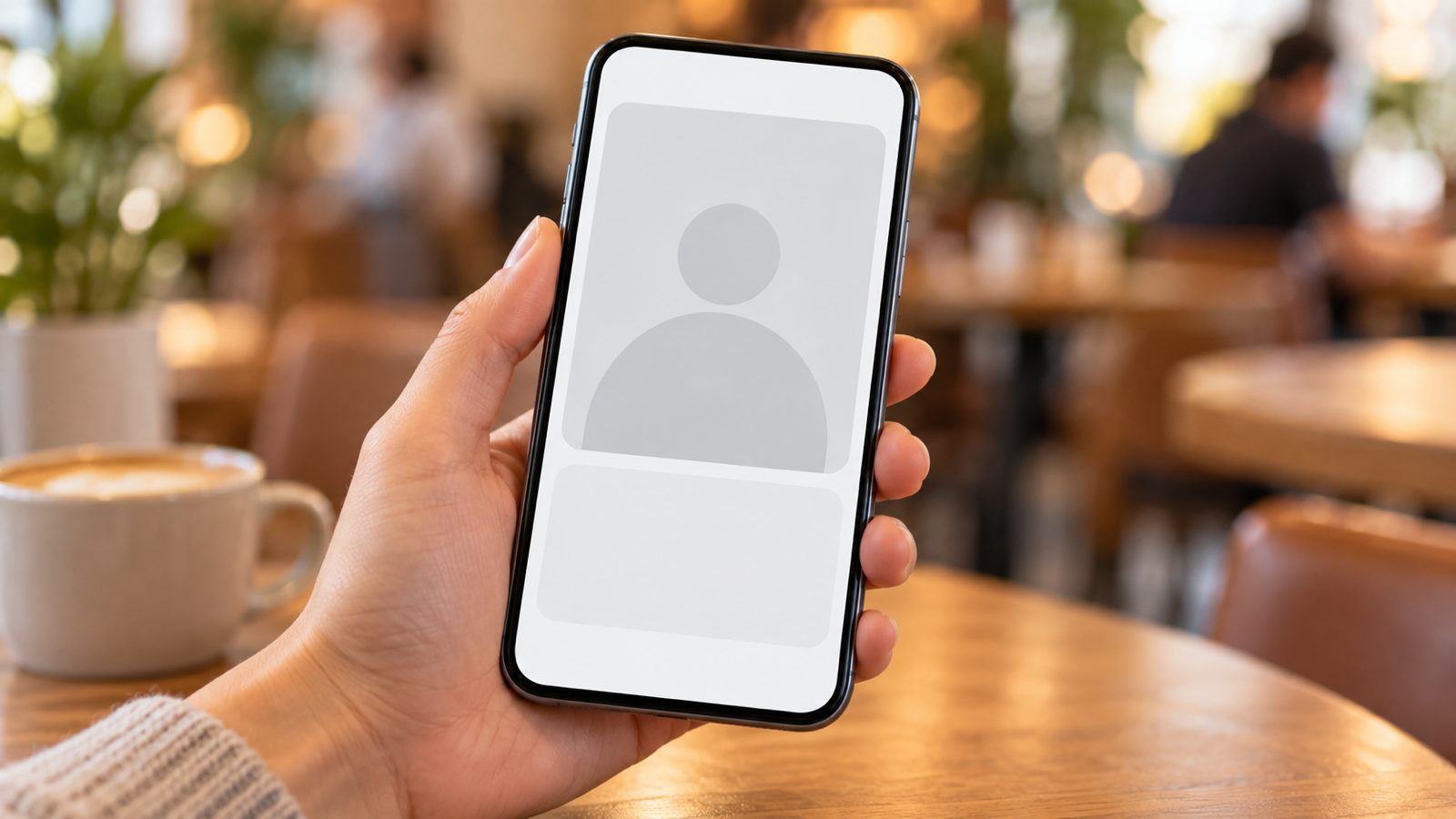 A hand holding a phone showing a blank dating profile card in a cafe