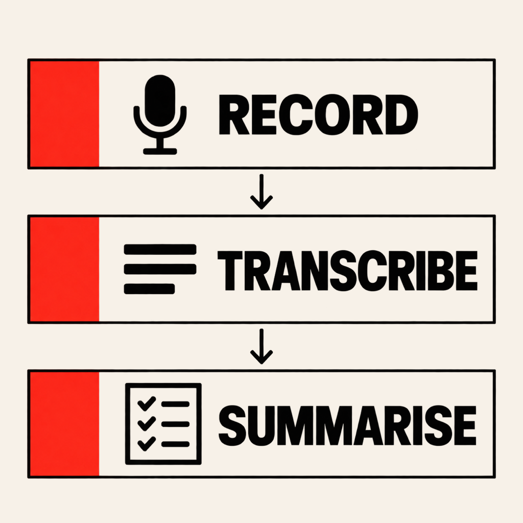 Three steps shown as stacked cards: record, transcribe, summarise