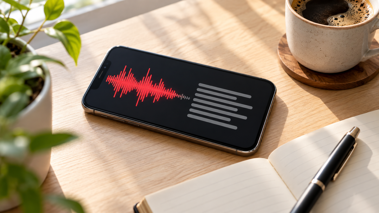 A phone on a desk beside a notebook, its screen showing an audio waveform turning into lines of text