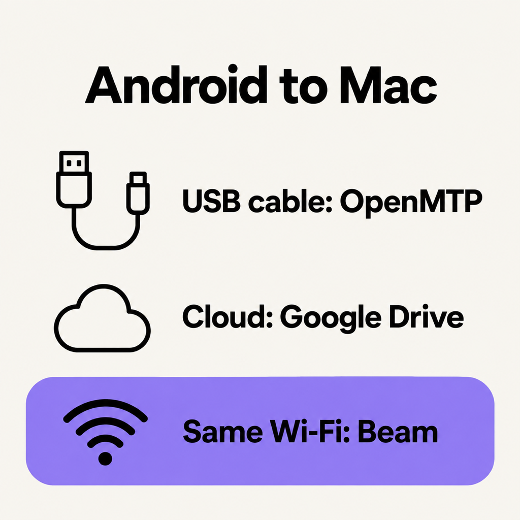 A card listing three ways to move files from Android to Mac: USB cable with OpenMTP, the cloud with Google Drive, and the same Wi-Fi with Beam
