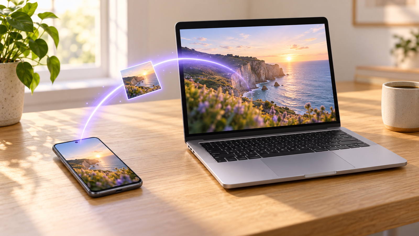 An Android phone beside an open MacBook on an oak desk, a lavender arc of light carrying a photo from the phone to the laptop
