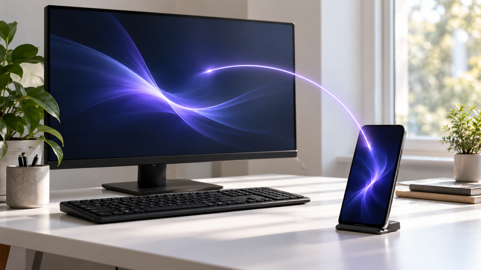 A Windows desktop monitor with an Android phone on a stand in front of it, a thin lavender arc of light running from the screen to the phone