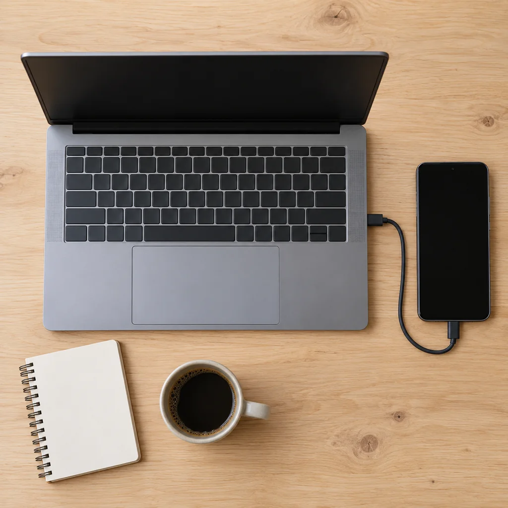 Overhead photo of a Windows laptop and an Android phone on a desk, connected by a USB-C cable, with a notebook and a coffee cup beside them