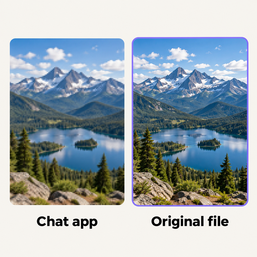 Two copies of the same mountain photo: a blurry, blocky one labelled chat app and a sharp one labelled original file