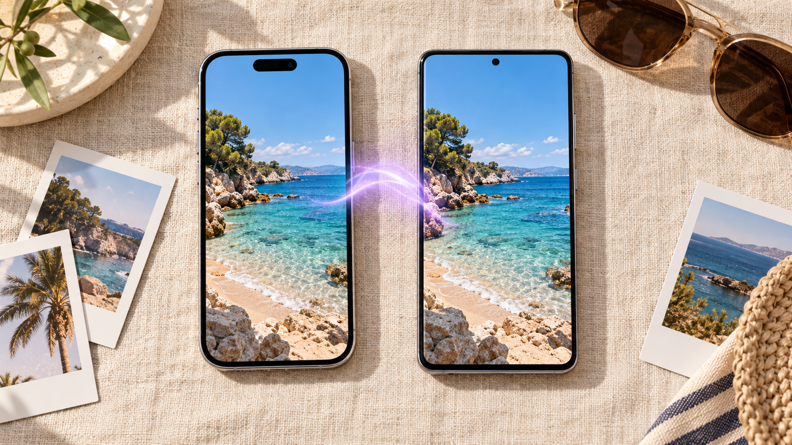 An iPhone and an Android phone side by side on a linen tablecloth, both showing the same sunny beach photo, with a lavender glow between them