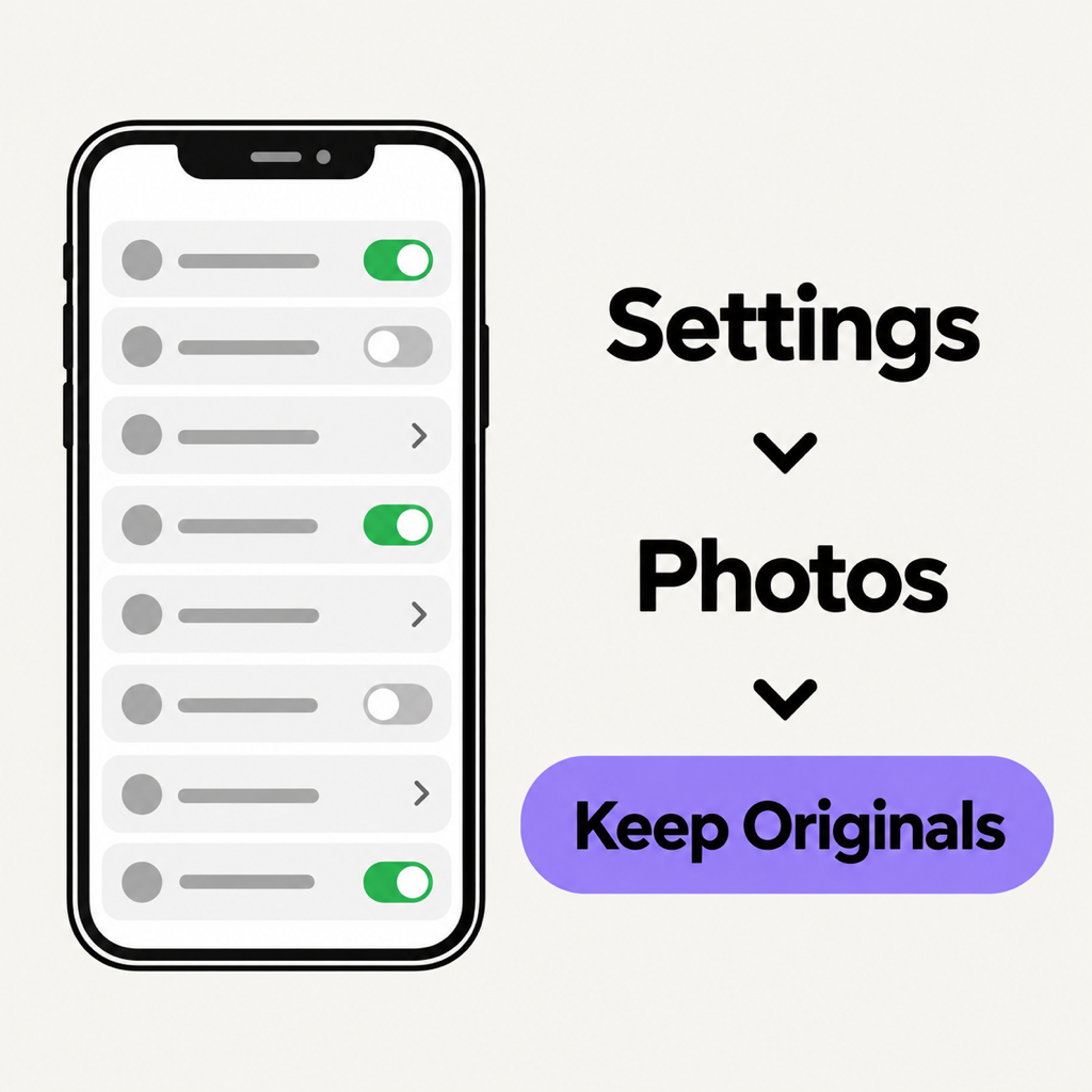 An iPhone settings path: Settings, then Photos, then Keep Originals, with Keep Originals highlighted