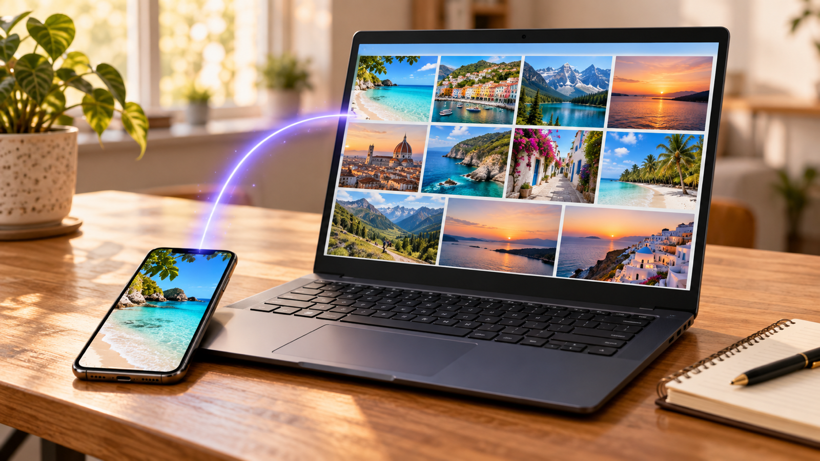 A Windows laptop showing a grid of holiday photos, with an iPhone lying beside it and a lavender arc of light linking the two