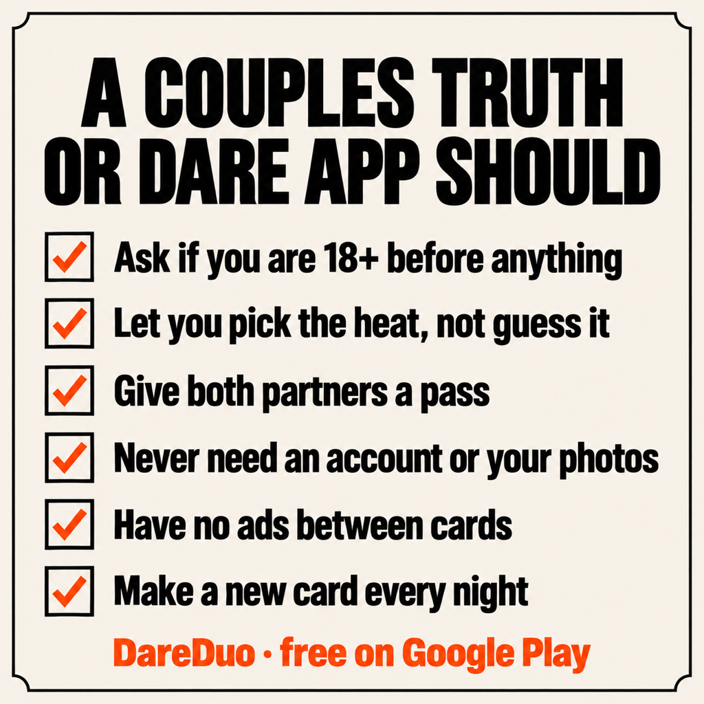 Checklist card: what a couples truth or dare app should do, from an 18+ gate to no ads and a fresh card every night