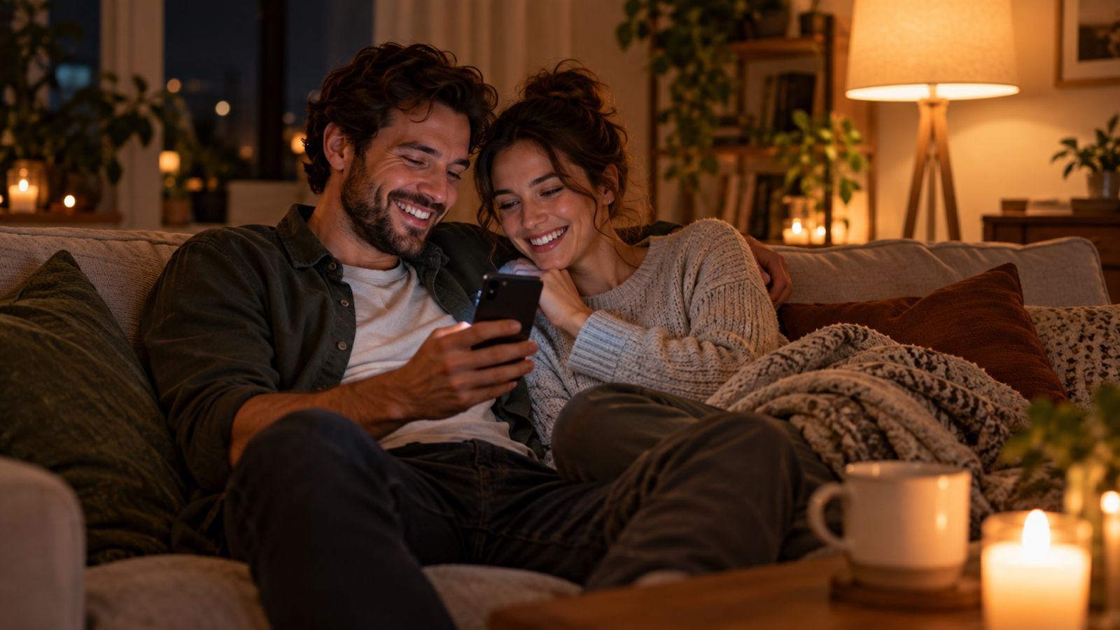 A couple sitting close on a sofa at night, laughing at a phone held between them
