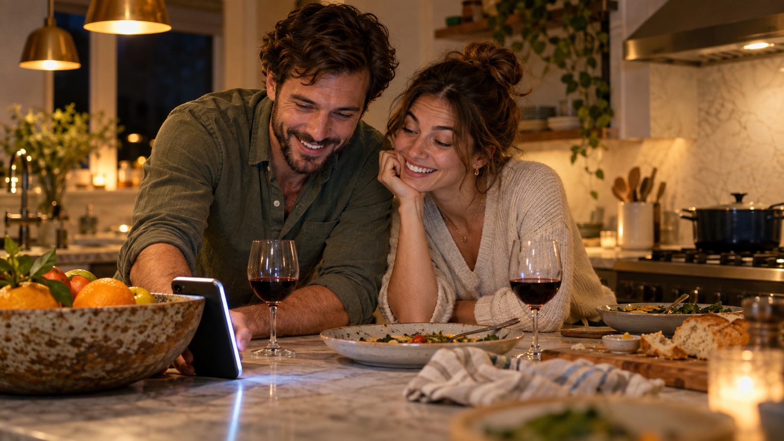 A couple at a kitchen counter in the evening reading a truth or dare card together on a propped-up phone