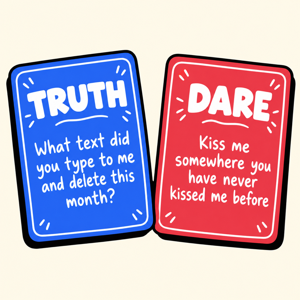 Two hand-drawn cards on cream paper: a blue TRUTH card reading What text did you type to me and delete this month, and a red DARE card reading Kiss me somewhere you have never kissed me before