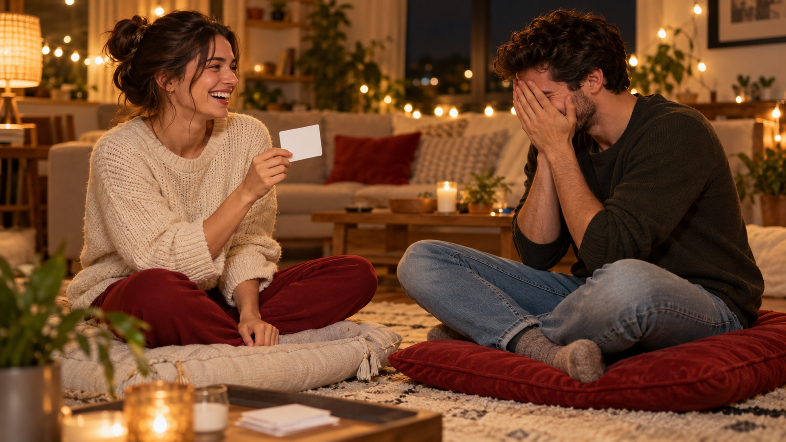 A young couple sitting on floor cushions facing each other at night under string lights, she laughs holding up a small card while he hides his face
