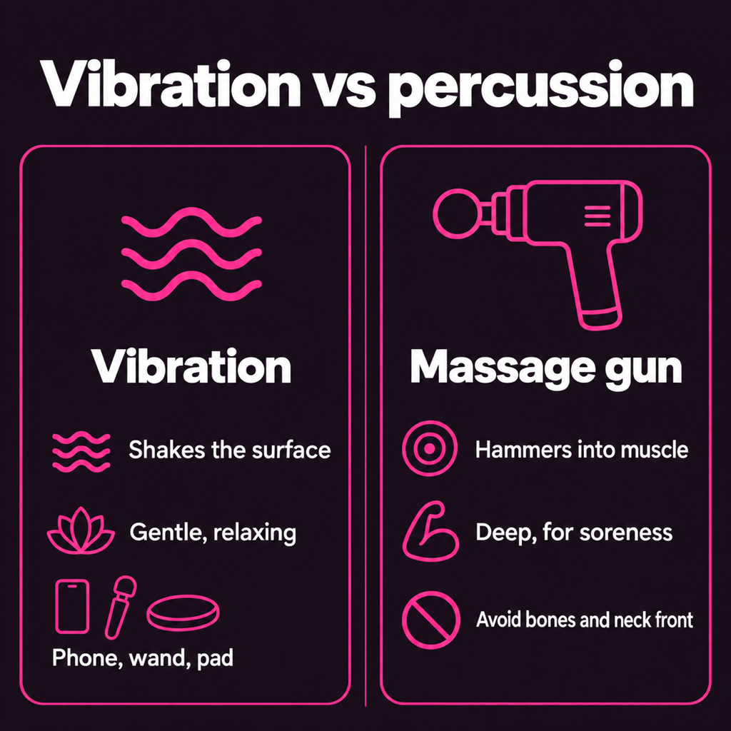 Comparison card: vibration shakes the surface, is gentle and relaxing, and comes as phone, wand or pad; a massage gun hammers into muscle, is deep and suited to soreness, and should avoid bones and the front of the neck