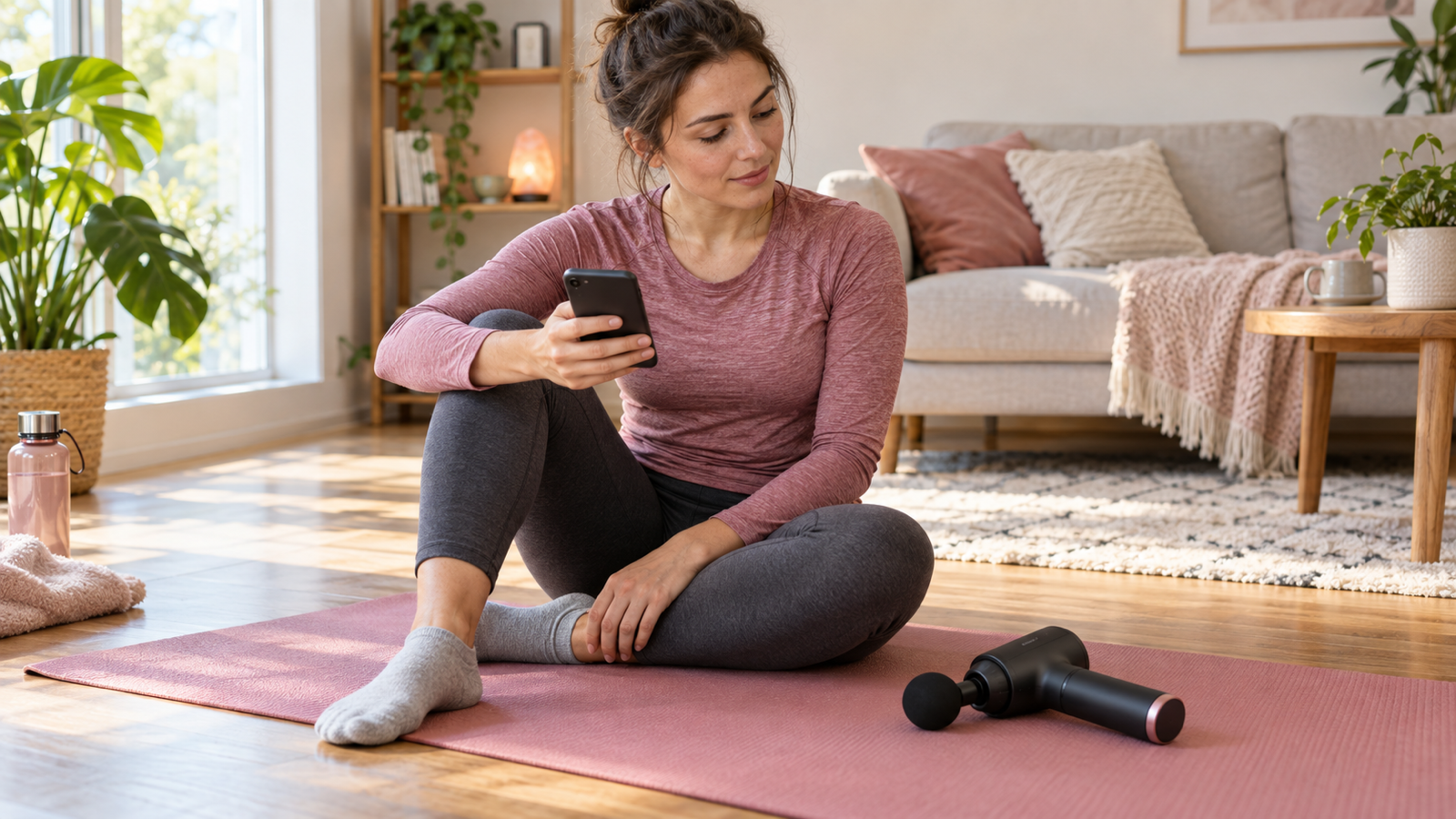 A young woman sitting on a yoga mat after exercise, a handheld massage gun beside her and an Android phone in her hand