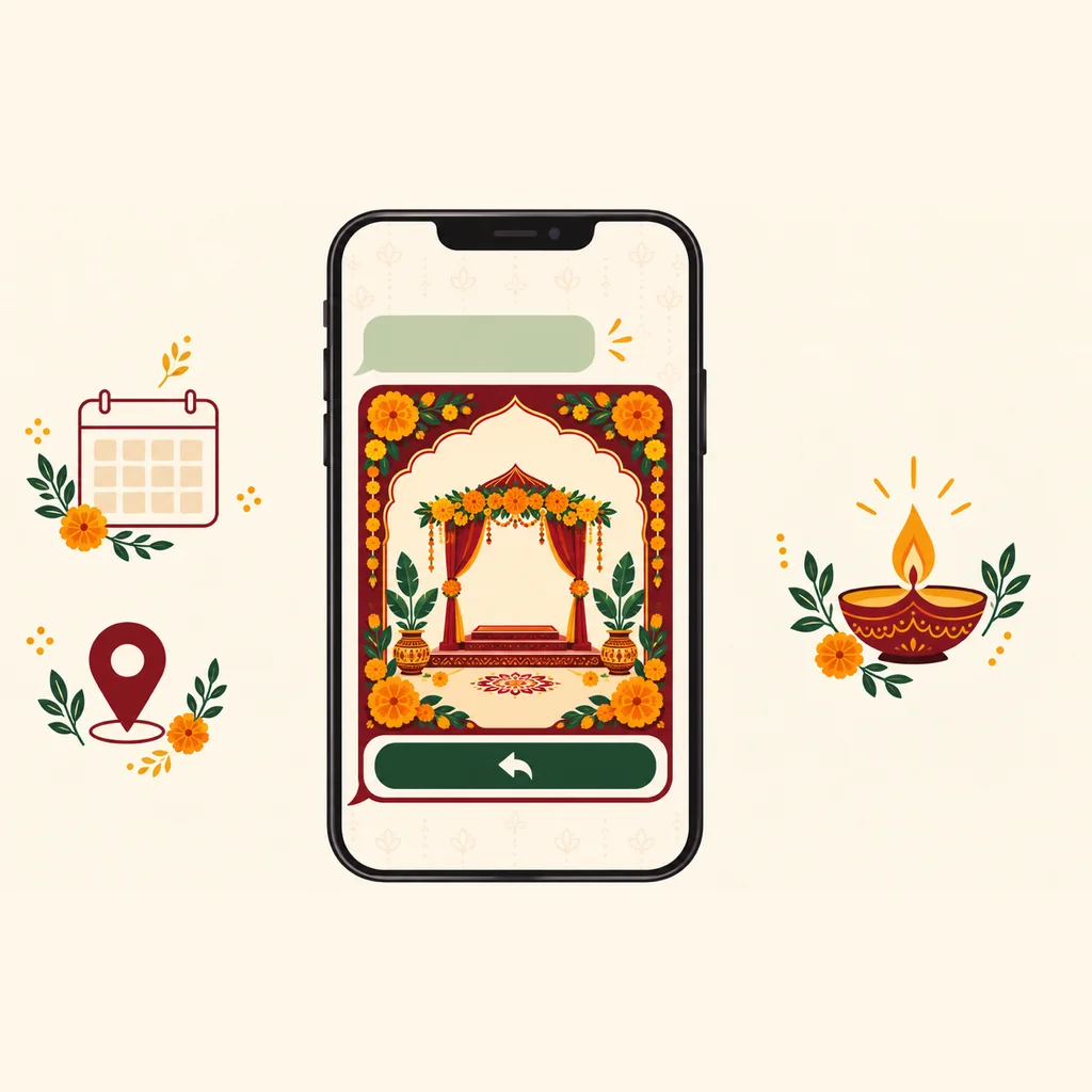Illustration of a phone showing a short wedding invitation message followed by a link preview card with a marigold border and a reply button, with a map pin, a calendar page and a diya around it