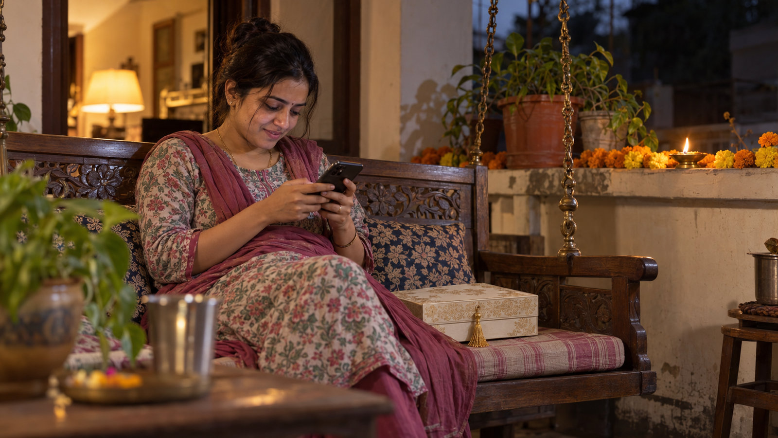 A young Indian woman on a wooden jhoola on a verandah lit by diyas and marigold garlands, typing a WhatsApp message on her phone, a boxed printed wedding card beside her
