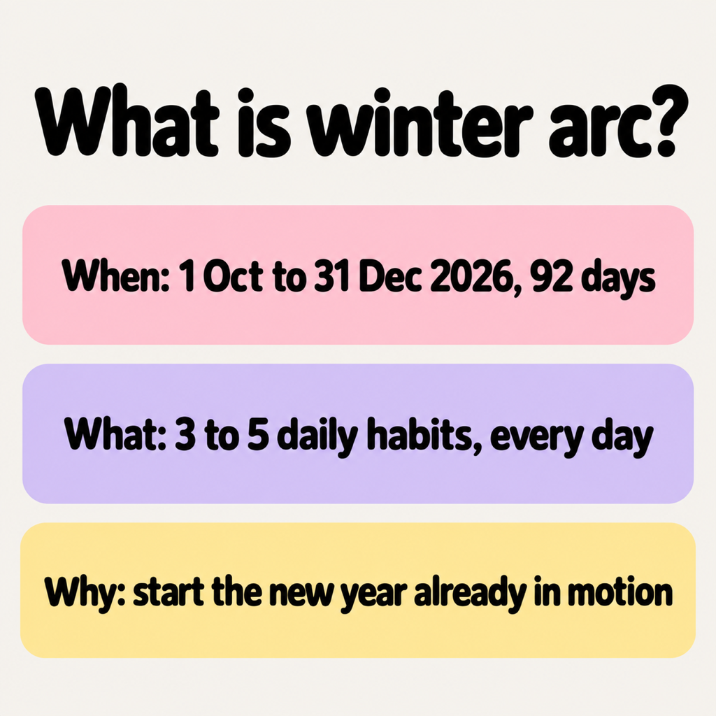 Card explaining the winter arc: when, 1 October to 31 December 2026, 92 days; what, three to five daily habits done every day; why, to start the new year already in motion