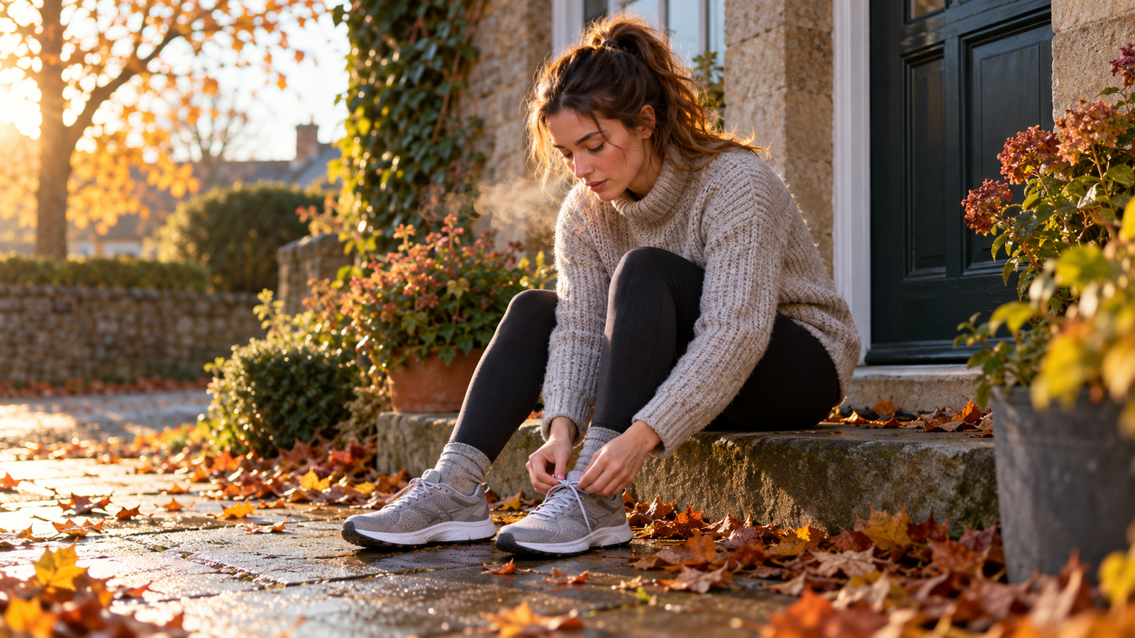 A young woman in a knit jumper lacing her trainers on a doorstep on a cold autumn morning, ready to start her winter arc