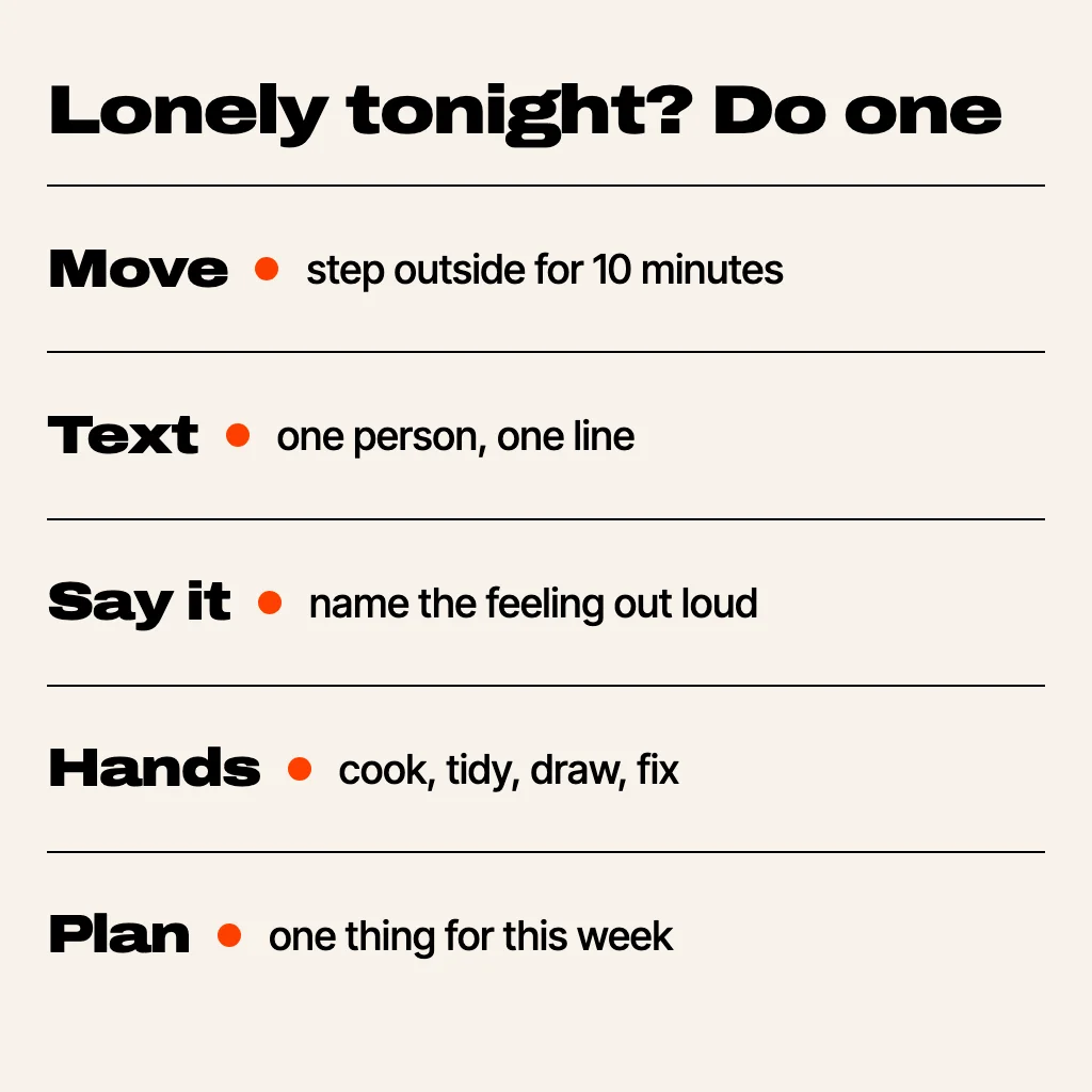 A cream text card titled Lonely tonight? Do one, listing Move, Text, Say it, Hands and Plan with one small action for each