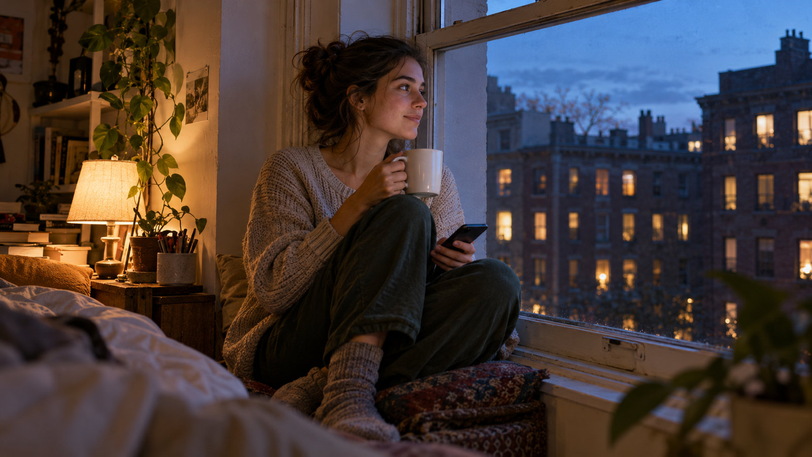 A young woman sitting on a windowsill seat at dusk with a mug of tea and her phone, looking out at lit windows across the street