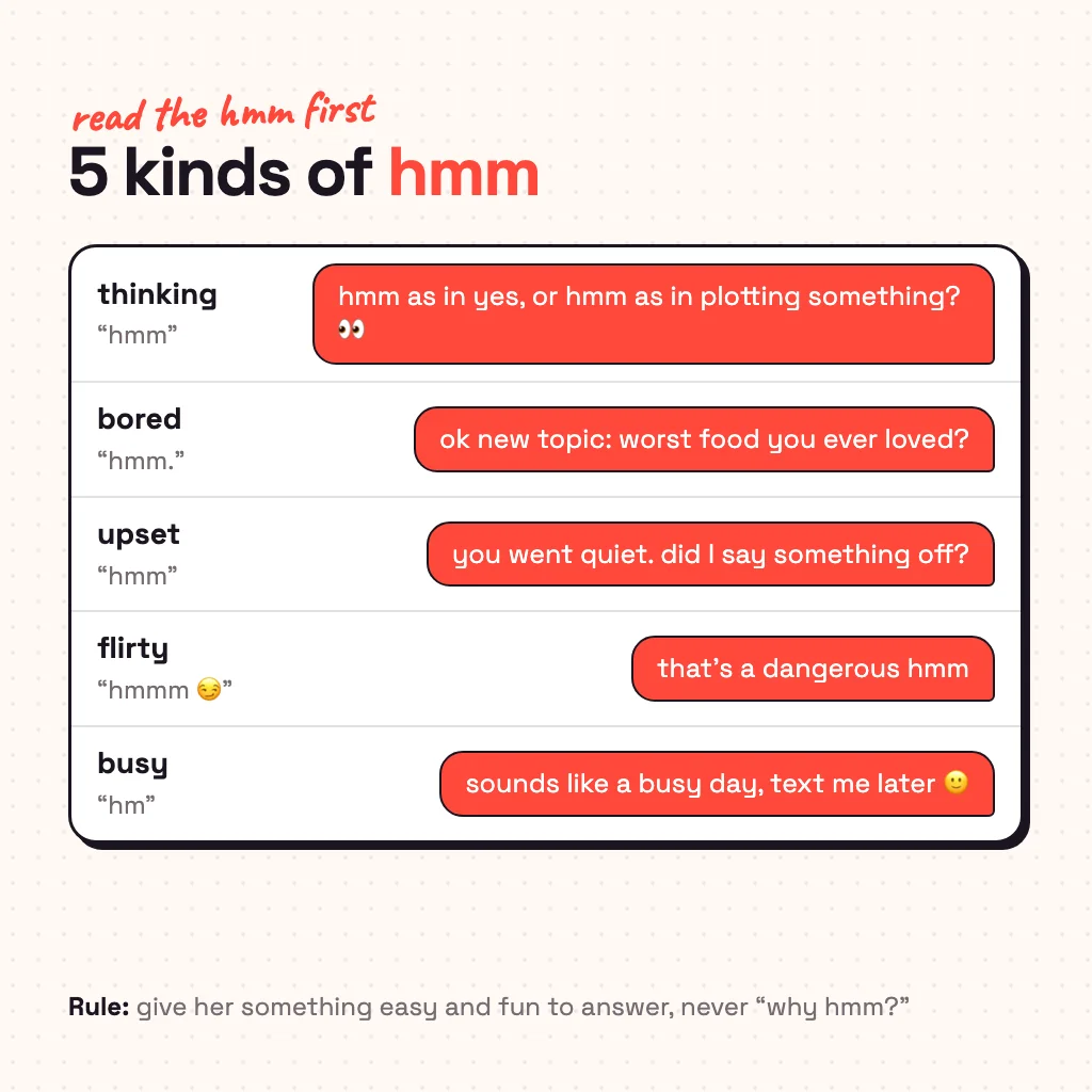 Card showing five kinds of hmm (thinking, bored, upset, flirty, busy) with one example reply for each