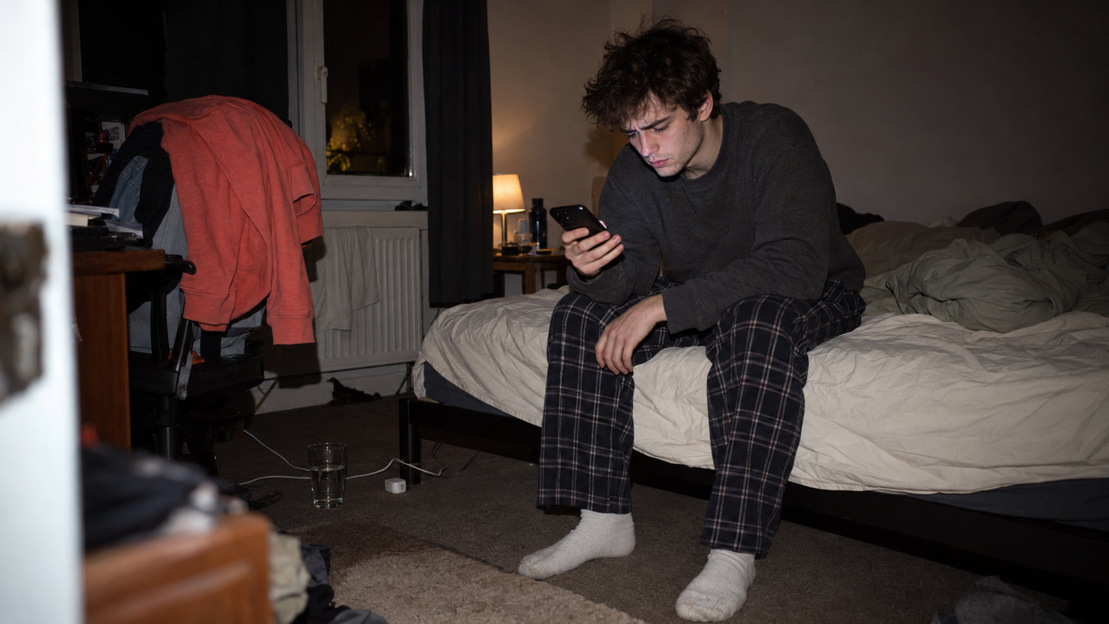 A young man sitting on the edge of his bed at night, frowning at his phone in a dark room lit by a single flash