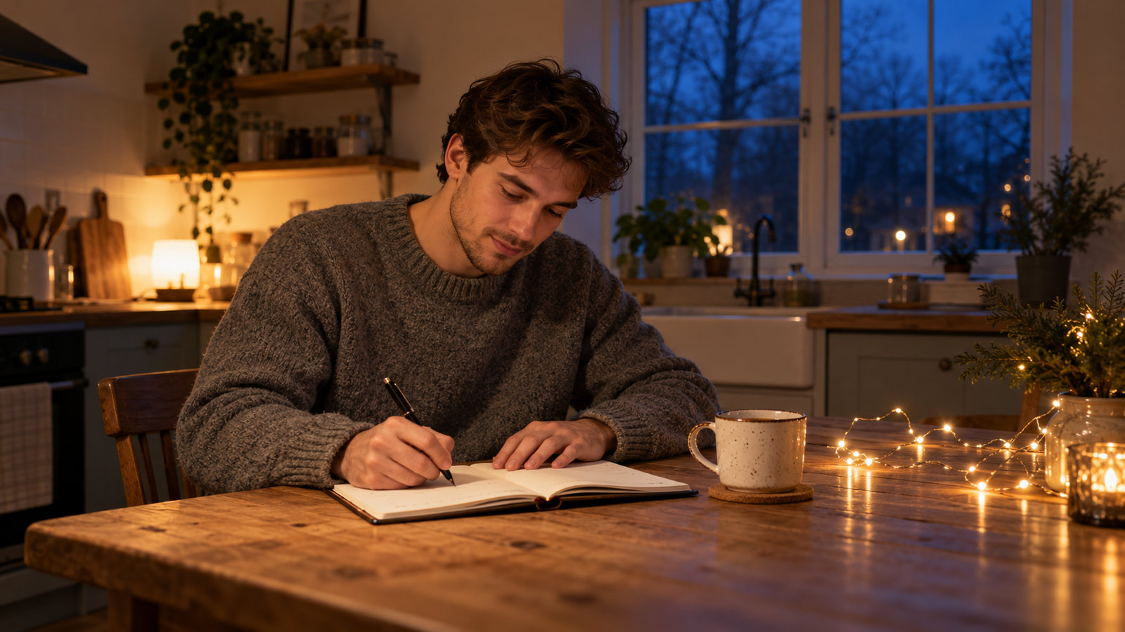 A young man in a wool jumper writing in a paper planner at a kitchen table on a dark December evening, a string of warm lights and a mug of tea beside him
