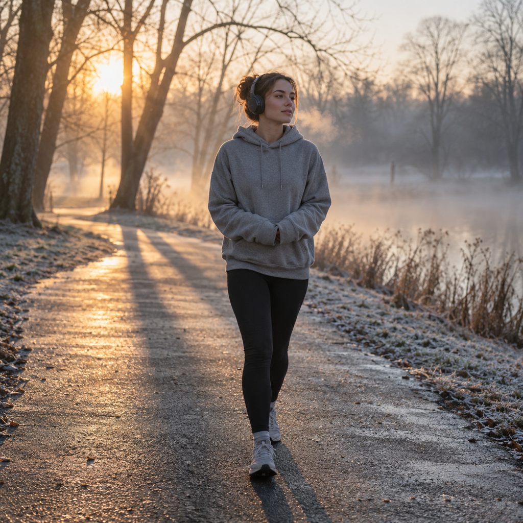 A young woman walking alone along a misty park path at sunrise in a hoodie and leggings, headphones on, breath visible in the cold