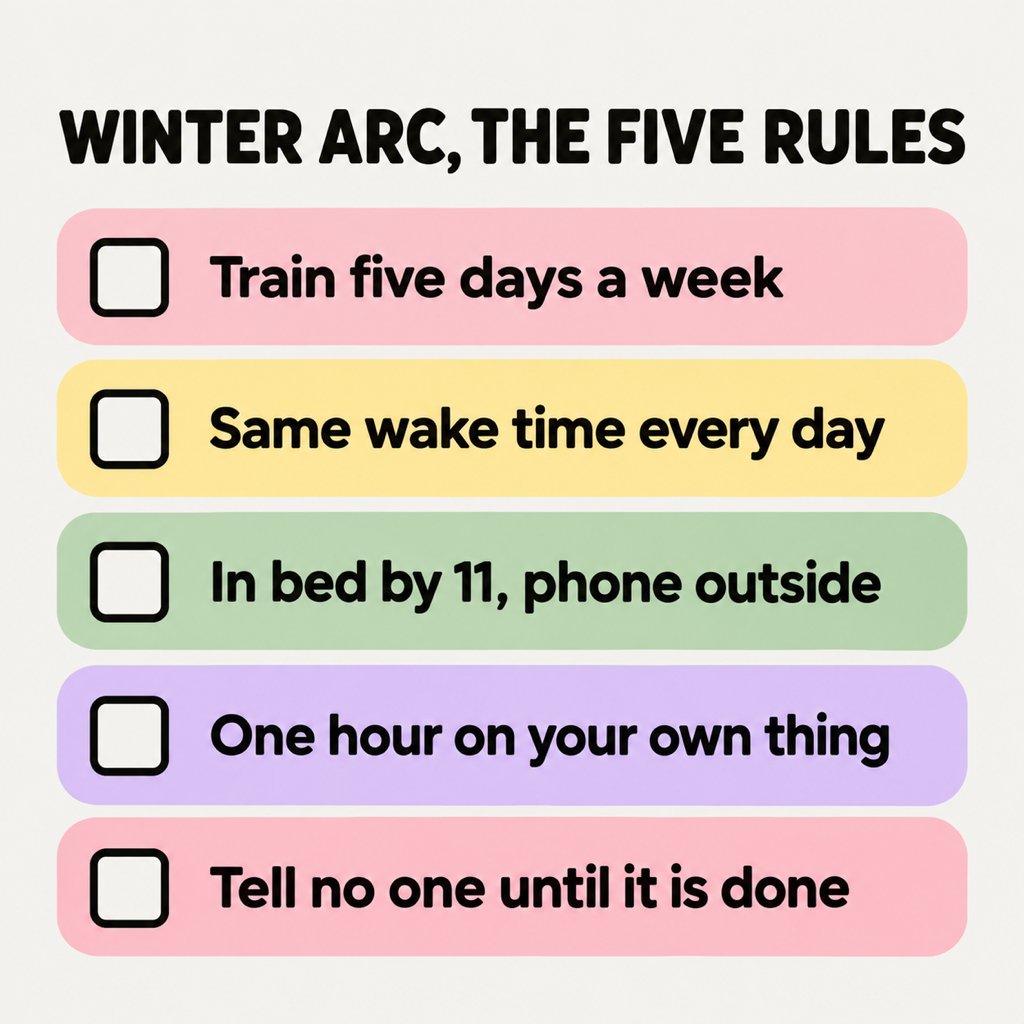 Checklist card with the five winter arc rules: train five days a week, same wake time every day, in bed by 11 with the phone outside, one hour on your own thing, tell no one until it is done