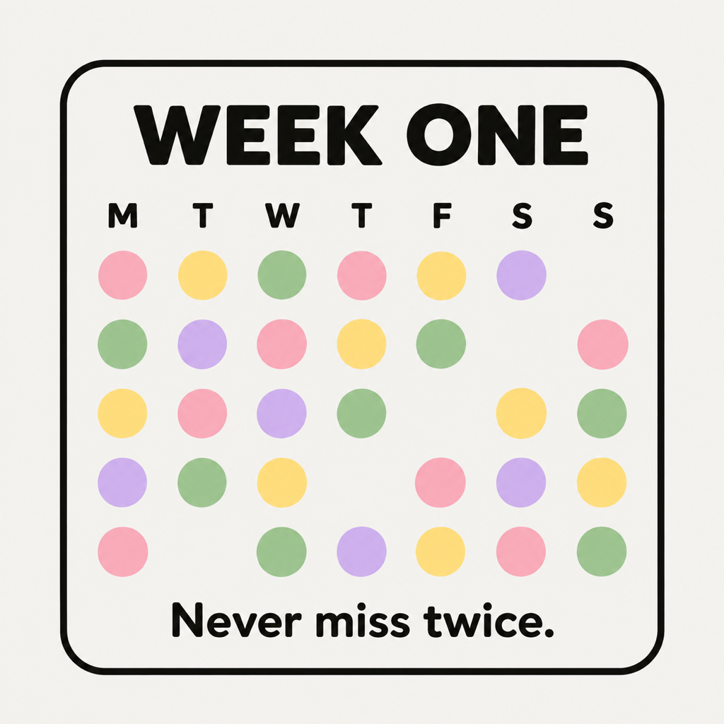 A habit tracker card showing a grid of five habits across seven days with most cells filled and the note never miss twice