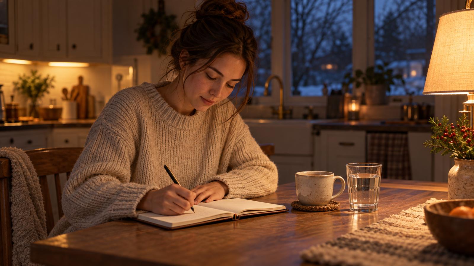 A young woman in cosy loungewear writing in a journal at a kitchen table early on a dark winter morning, with a glass of water and a cup of tea